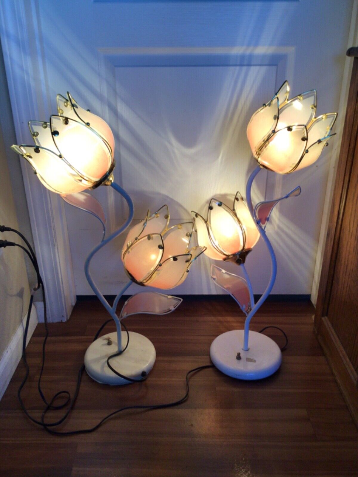2 (pair of) VINTAGE 28” TALL LOTUS LAMP With 2 FLOWERS ON EACH