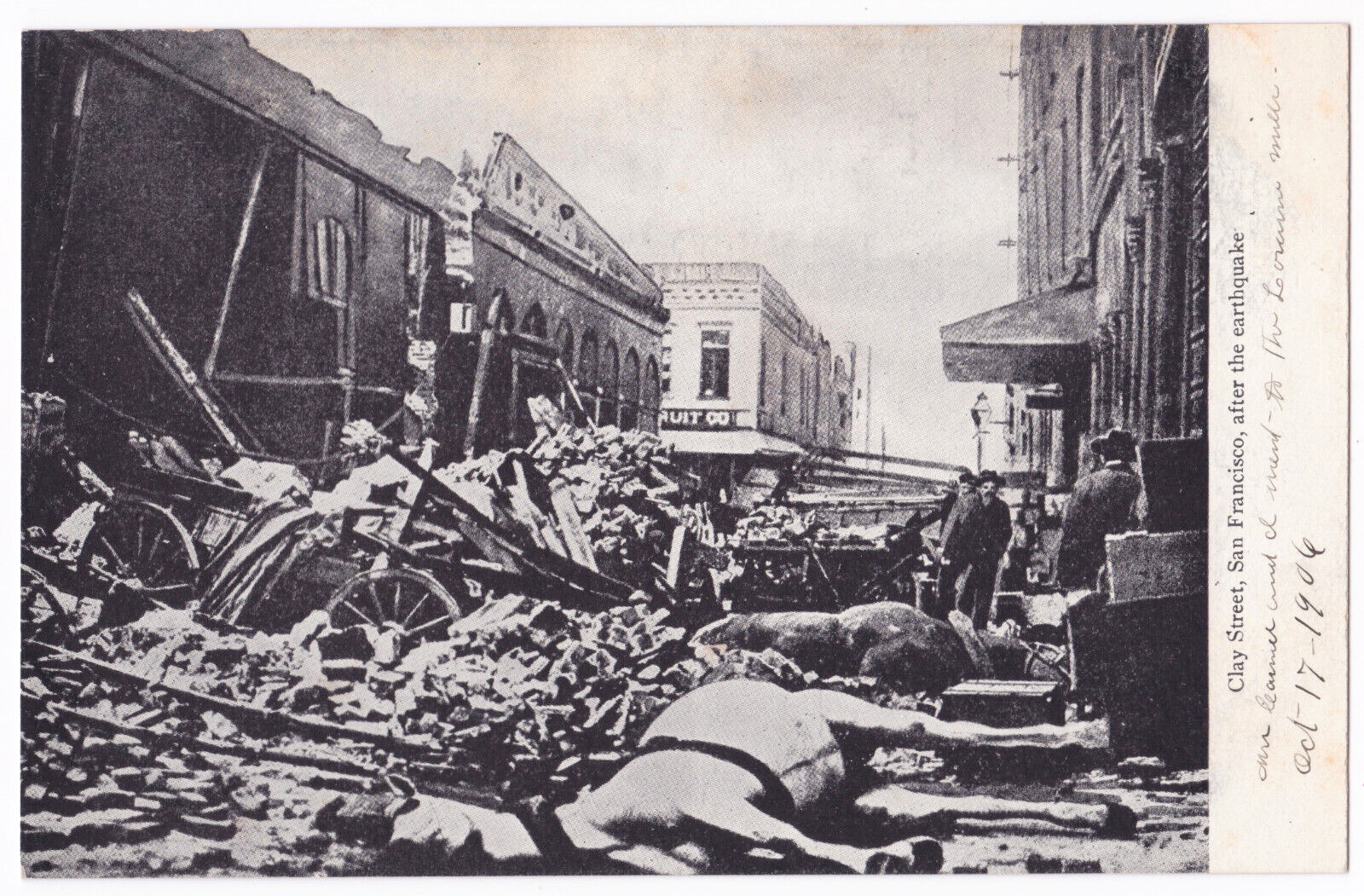 1906 Earthquake San Francisco CA Clay St Rubble Cart People Dead Horses Postcard