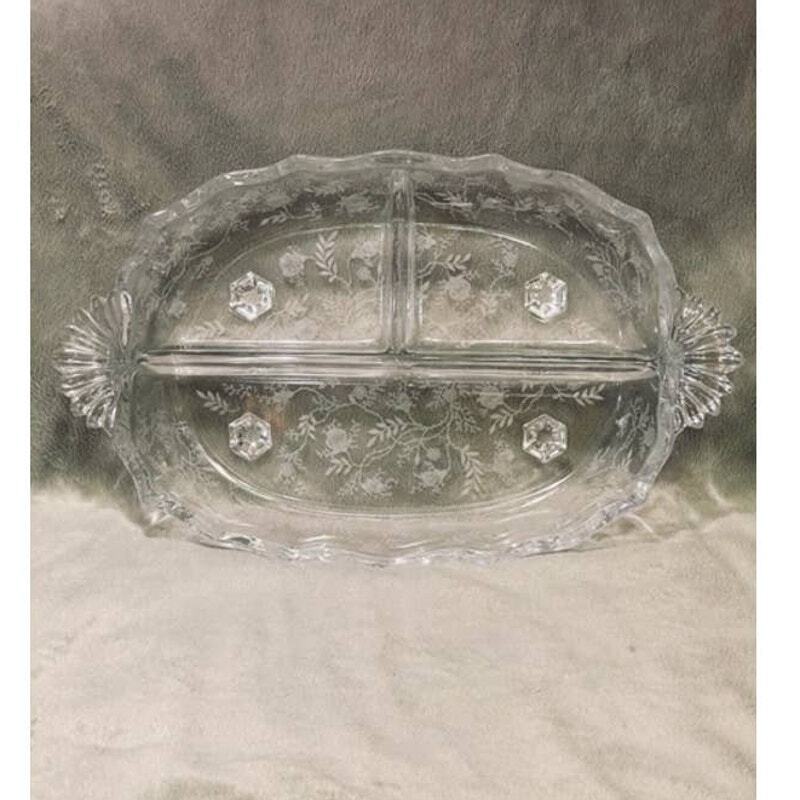 Vintage Elegant Fostoria Navarre Chintz Etched Glass Divided Serving Dish-1930s