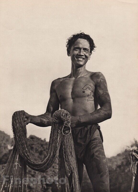 1940s Vintage K.F. WONG Borneo Iban Man Tattoo Fishing Cast Net Photo Art 12x16