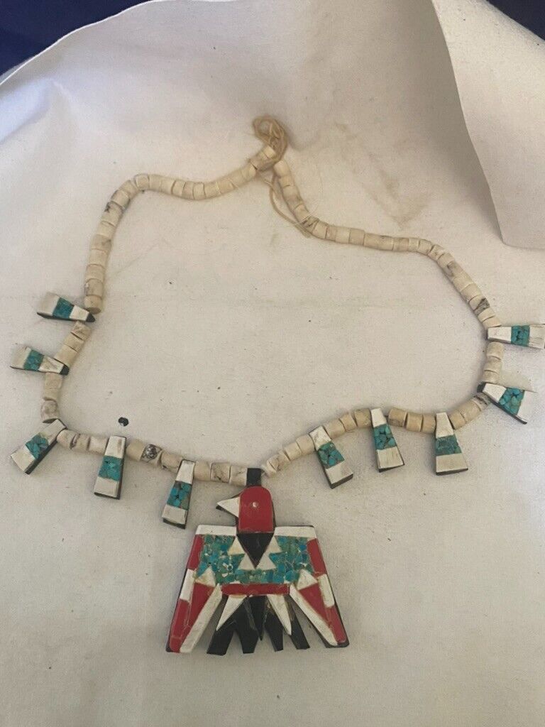 Old Huge Depression Era Santo Domingo Kewa Pueblo Thunderbird Necklace #3