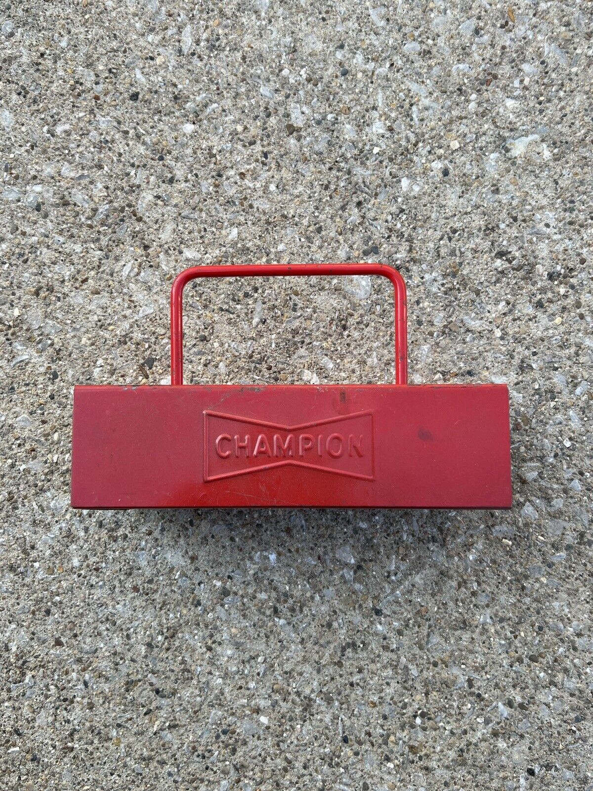 Champion CT-446 Spark Plug Tray, Vtg Red Metal, Embossed, Made in USA