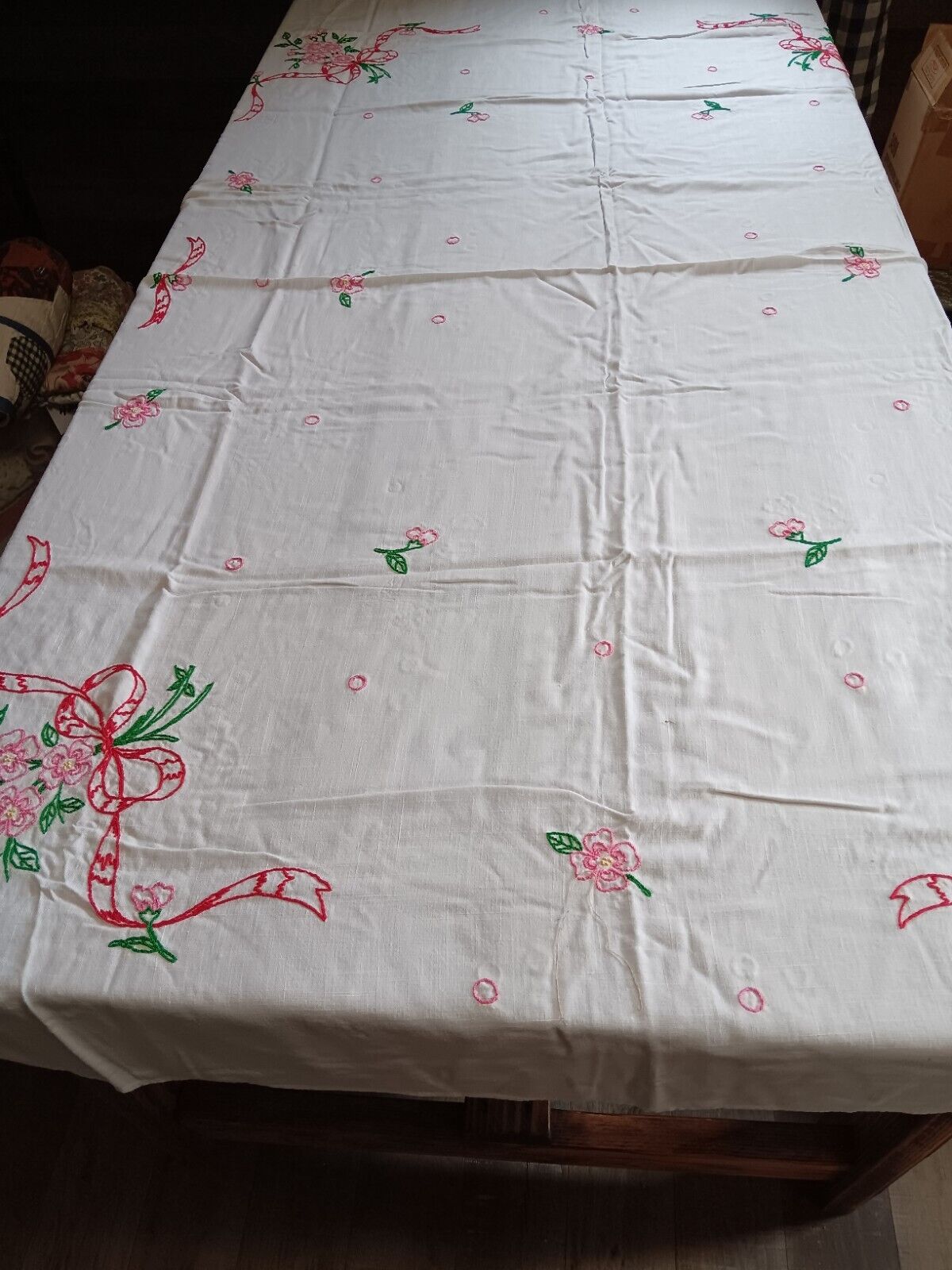 Vintage Linen Embroidered Flowers Ribbons Tablecloth Beautiful