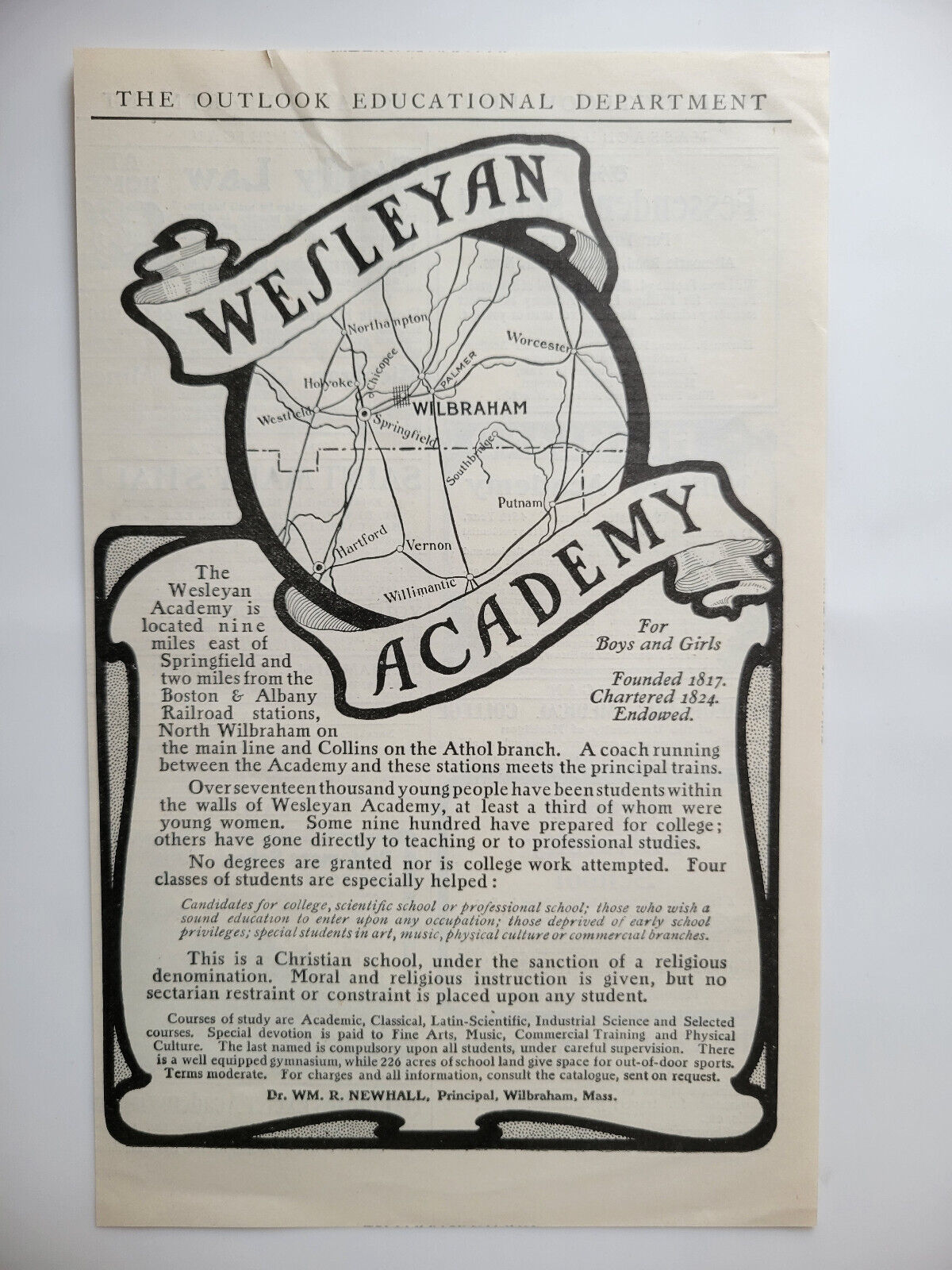 Wesleyan Academy Boys Girls Wilbraham MA Original Ad 1903 Outlook ~6x9.5\