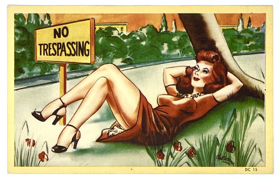 Antique/Vintage Postcard Risque Linen No Trespassing Pinup - Redhead Colorcraft