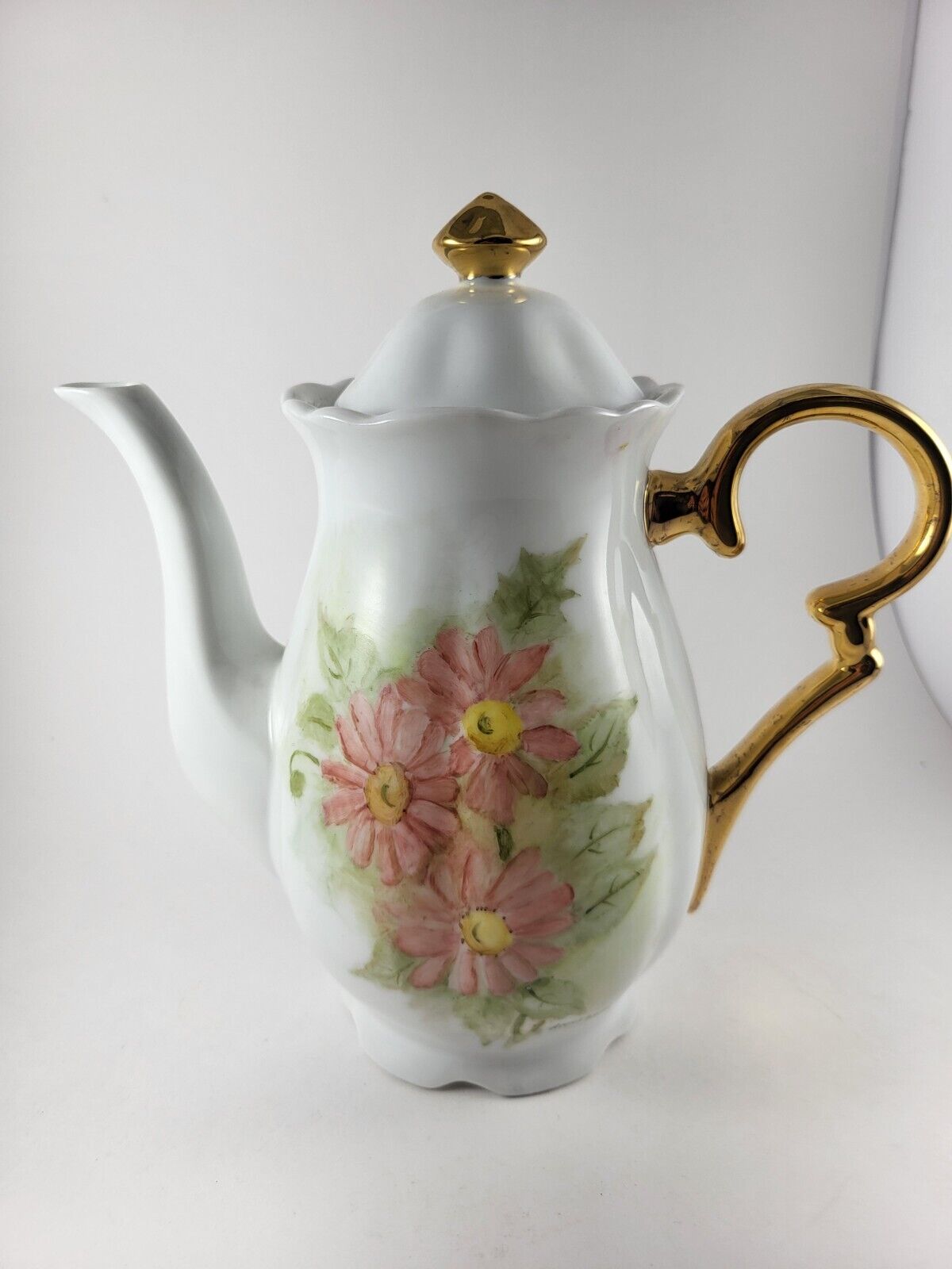 Vintage White Teapot Gold Handle Pink Flowers