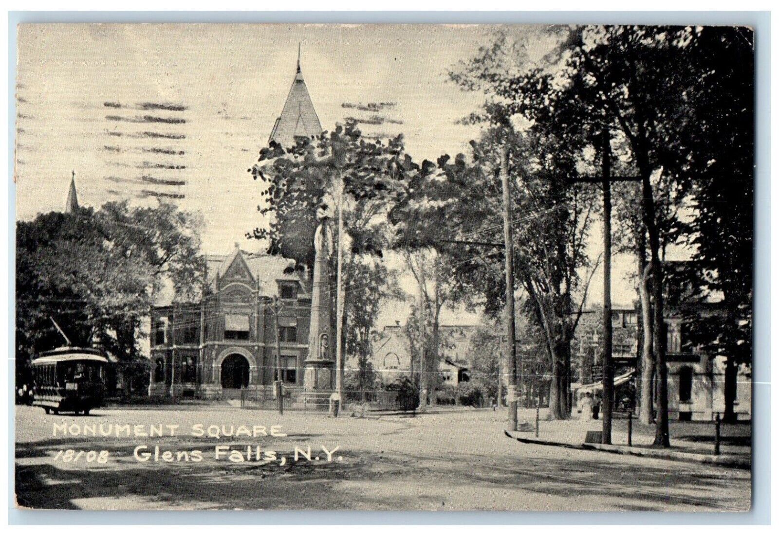 1910 Monument Square Trolley Glens Falls New York NY Posted Antique Postcard