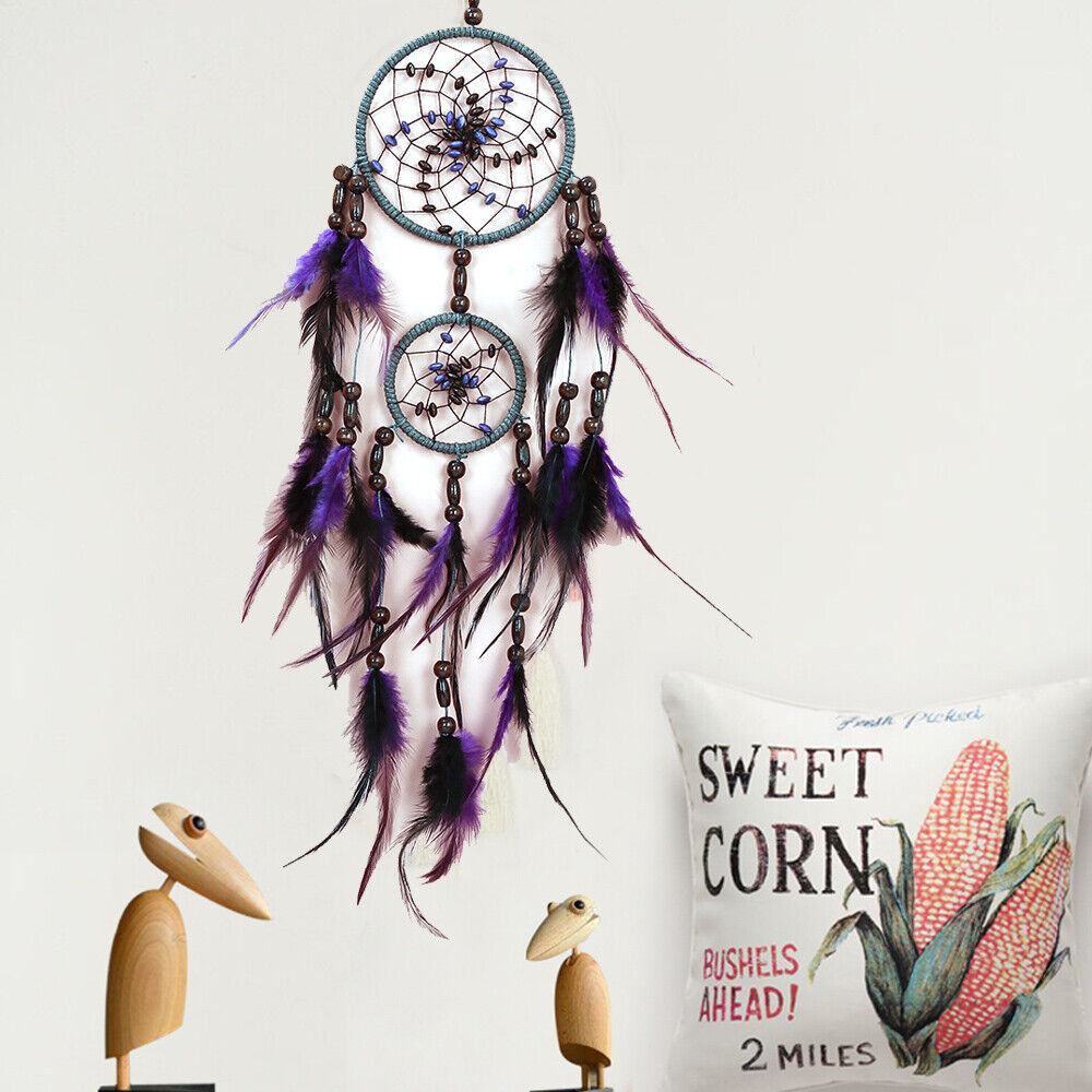 Large Purple Dream Catcher Feather Wood Beads Pendant Wall Hanging Home Decor