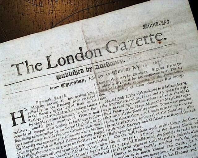 1671 Newspaper EARLY Rare 17th Century 353 Years Old LONDON GAZETTE England RARE