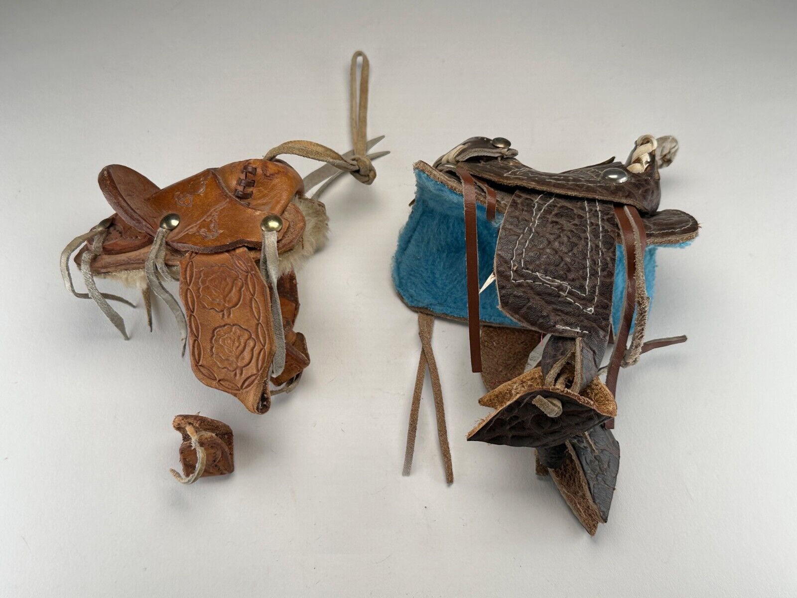 Pair of TOOLED LEATHER VTG Mini Horse Saddles Childs Doll Toy Miniature Western