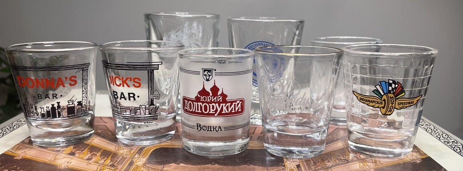 Lot Of 8 Souvenir Shot Glasses Indy 500 Speedway Bars Russian Vodka Mystic Port