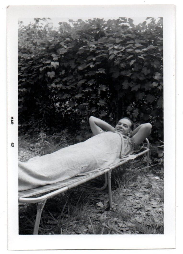 Man Lying Out Lawn Chair Blanket Smile Arms Funny Unusual Vintage Snapshot Photo