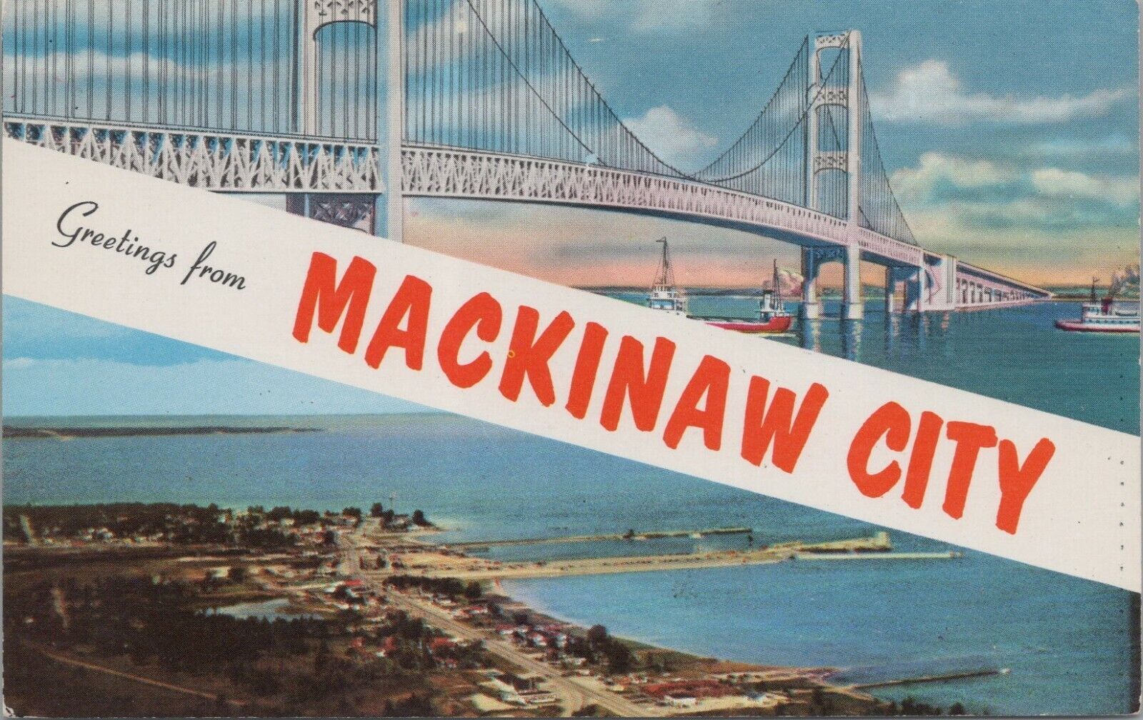 Greetings From Mackinaw City The Bridge City Chrome Vintage Post Card