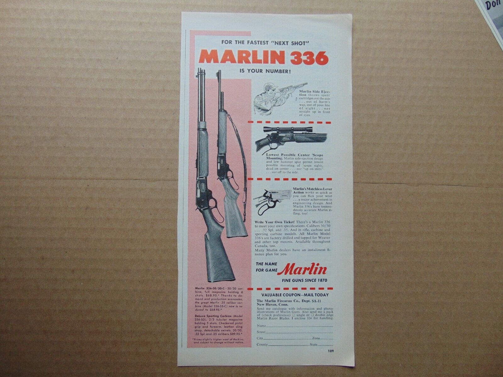 1955 MARLIN 336 For The Fastest Next Shot vintage art print ad