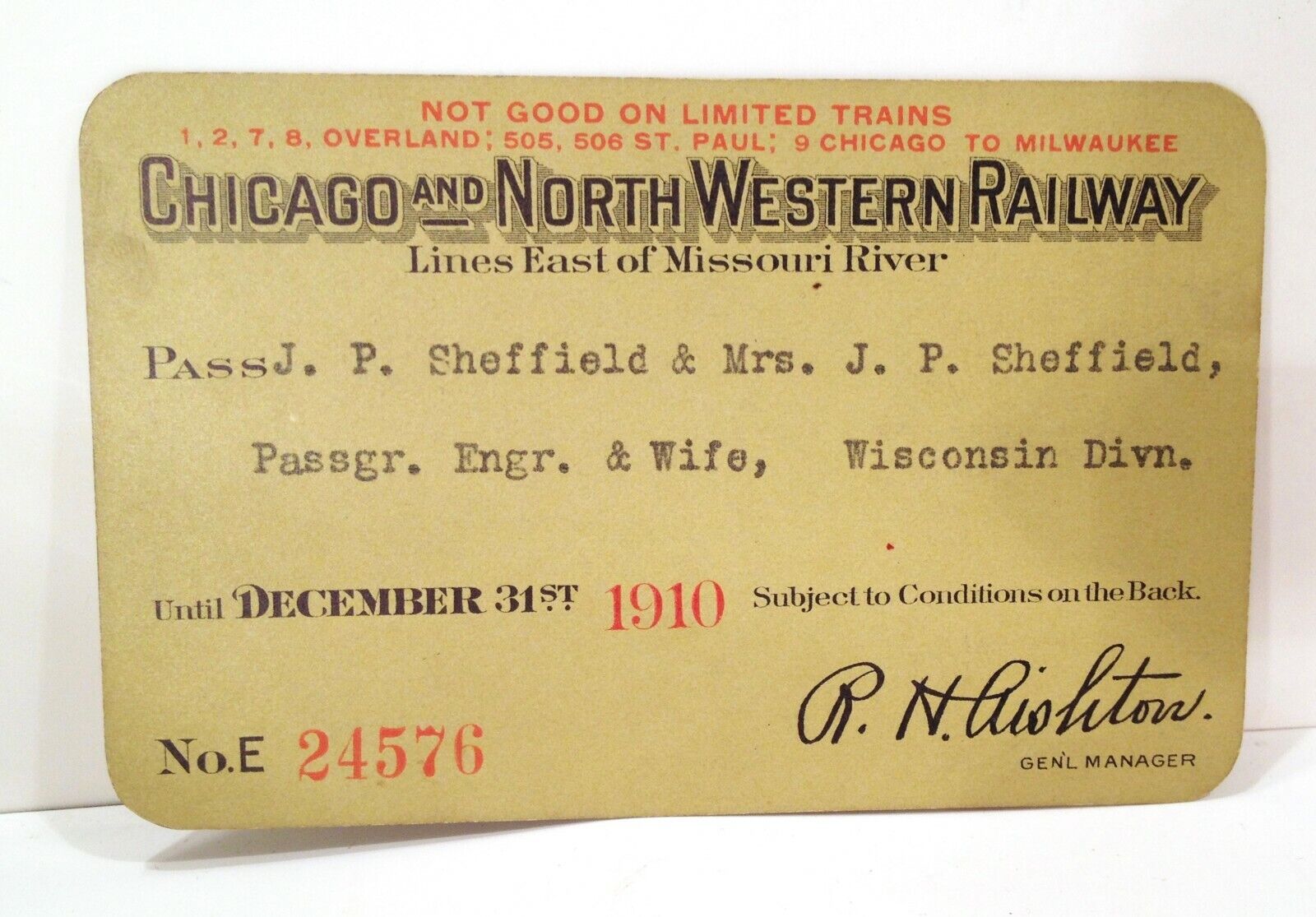 Vintage 1910 Chicago North Western Railroad Wisconsin Division Engineer Pass 