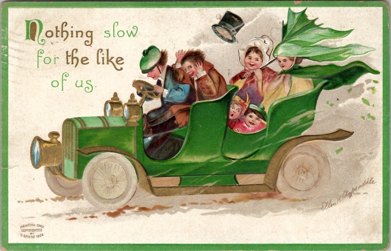 Ellen Clapsaddle St Patrick's Day Nothing Slow in Automobile 1911 Postcard W9