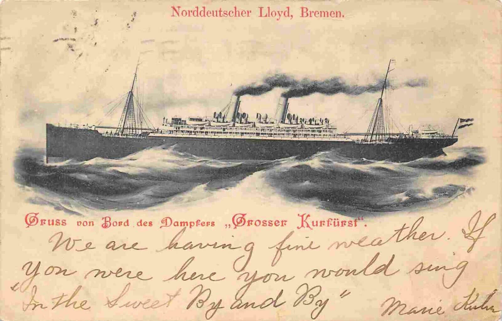 Grosser Kurfurst Steamer Norddeutscher Lloyd Bremen Germany 1903 postcard