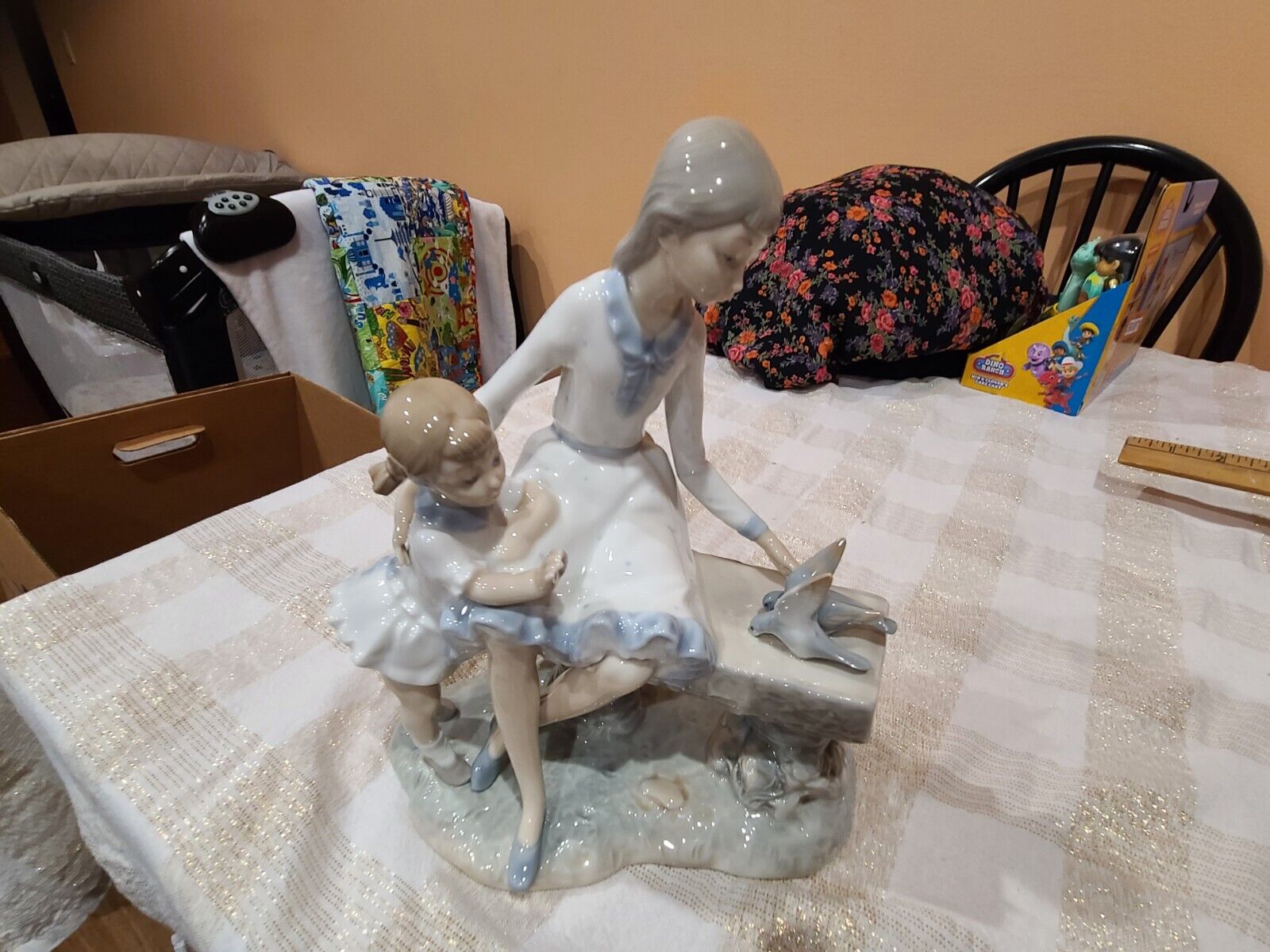 RARE Early NAO by Lladro Figurine 2 Young Girls on Bench Feeding Birds 1970s