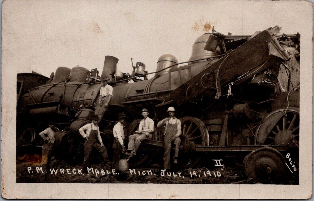 1910, RAILROADS, P.M. Train Wreck, MABLE, Michigan Real Photo Postcard