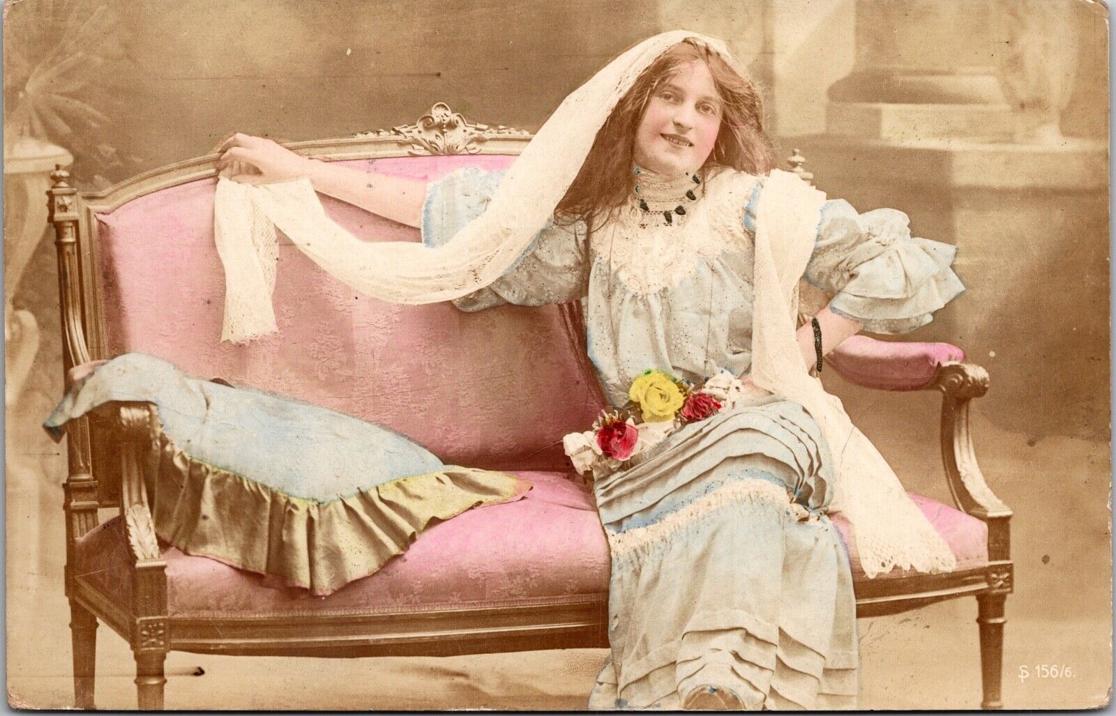 RPPC Hand Tinted Pastel Tones Girl Sofa Costume Studio Posed P.U. 1907 Z429