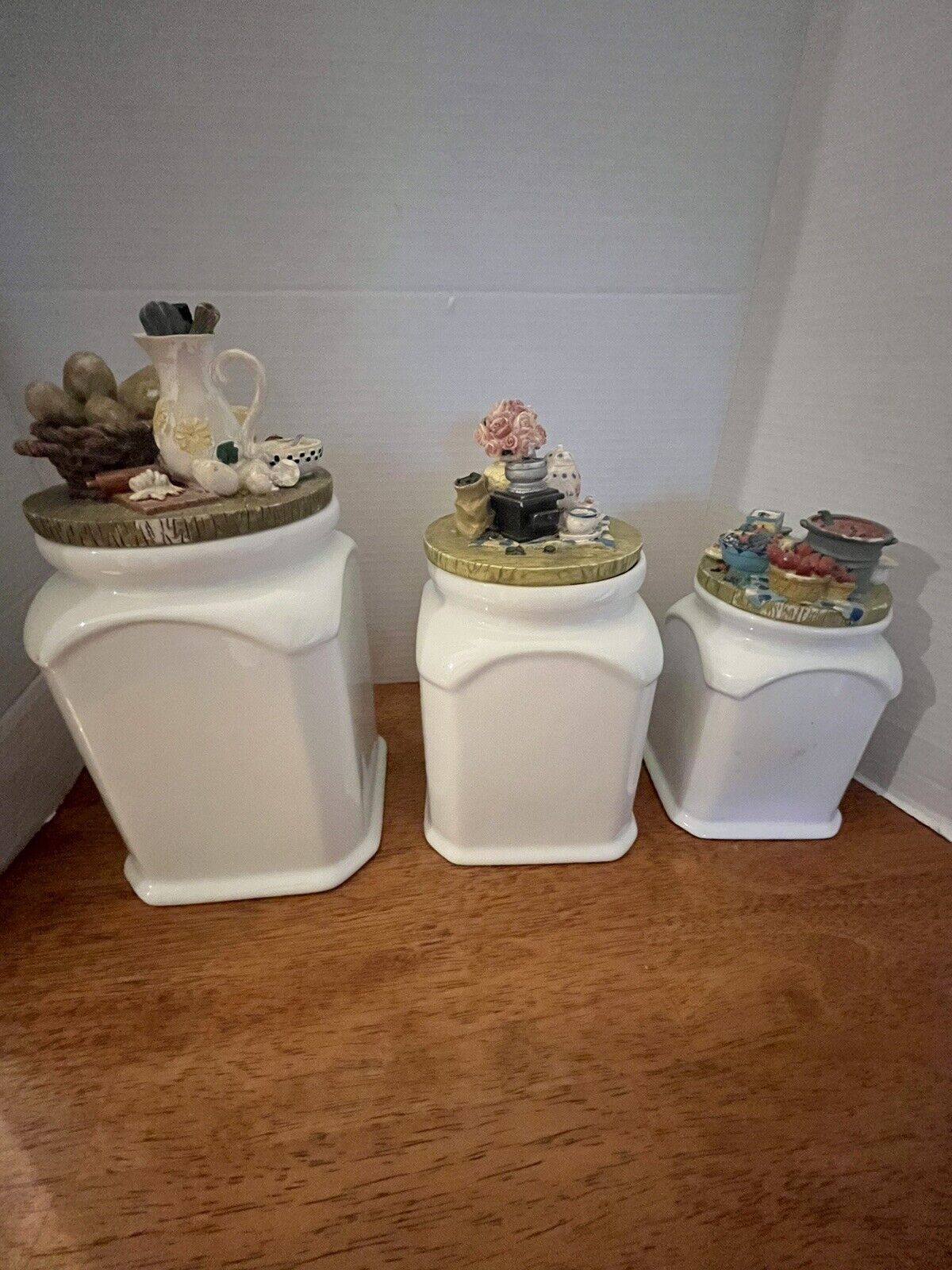 Vintage/ Canister /Set of 3 Unique Resin Sculpted Tops /Sugar/ Coffee Flour