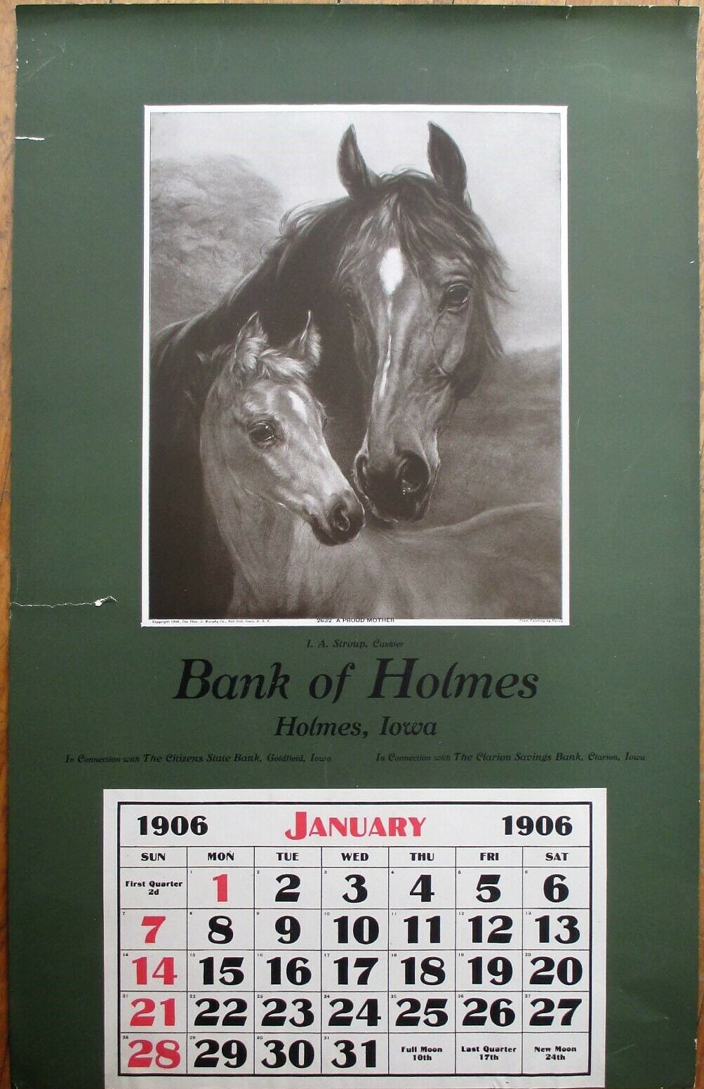 Holmes, IA 1906 Advertising Calendar/14x22 Poster: Bank of Holmes w/Horses- Iowa