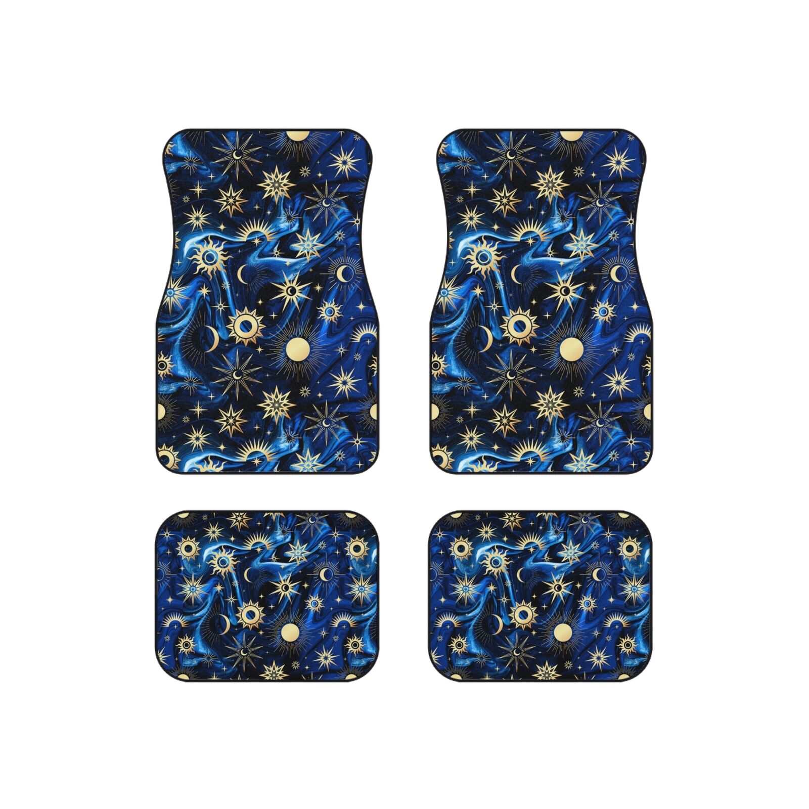 Celestial Blue and Black Stars, Moon, and Sun Car Mats (Set of 4), Easy to Clean