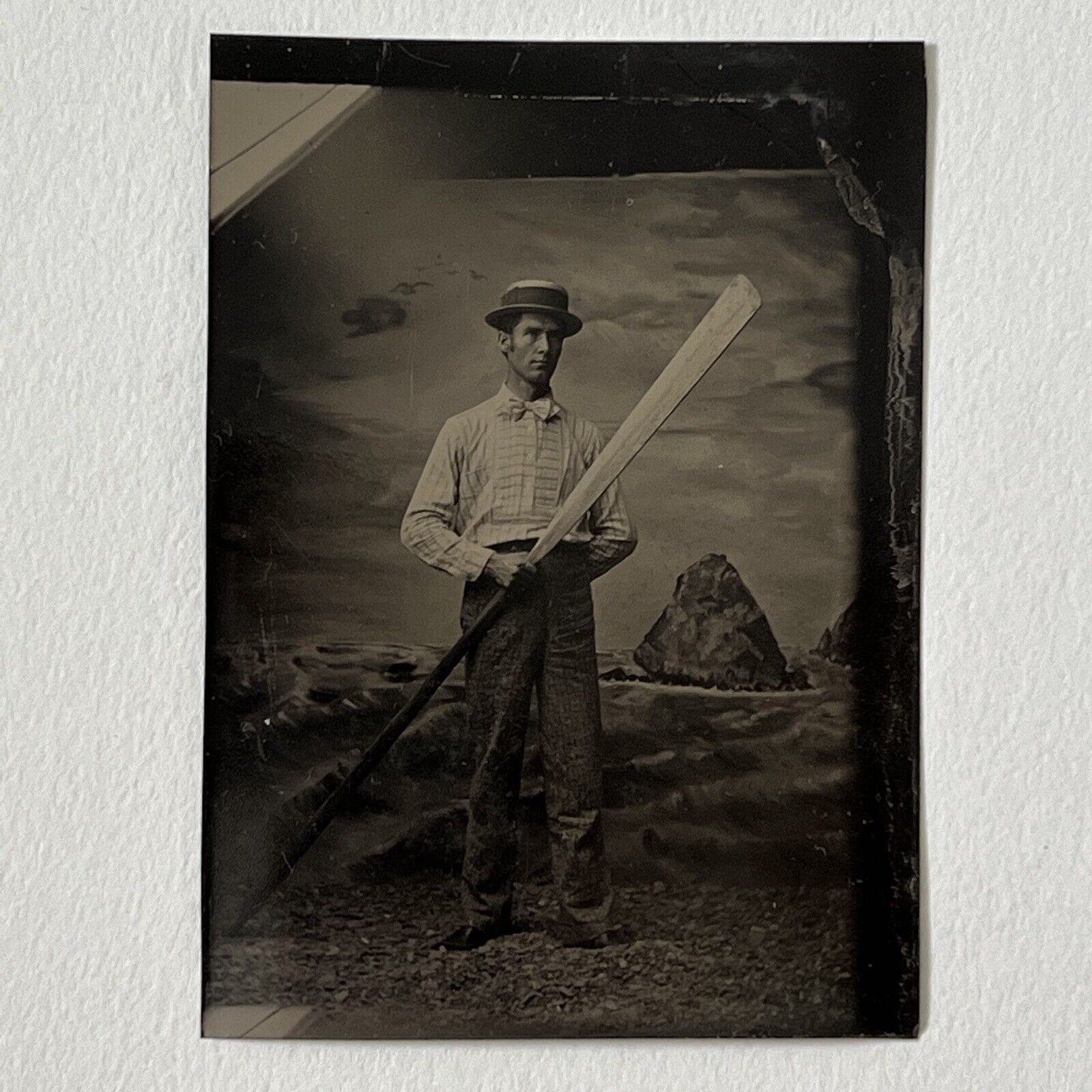 Antique Tintype Photograph Very Handsome Man with Boat Oar Occupational