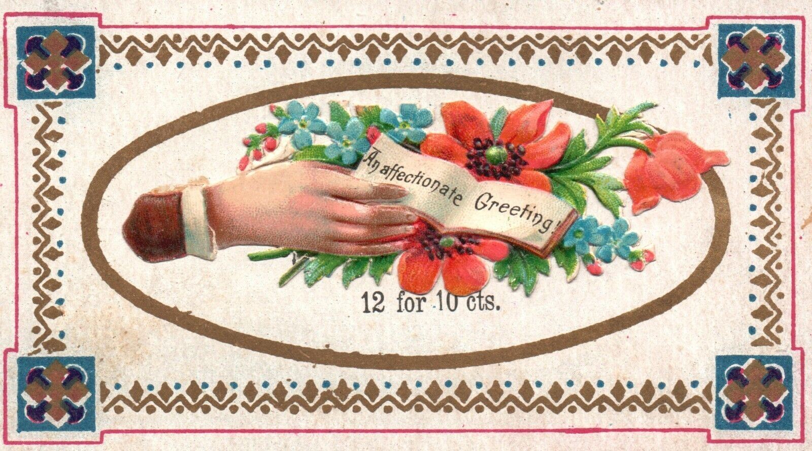 1880s-90s Blooming Flowers An Affectionate Greetings Surprise Florals Trade Card