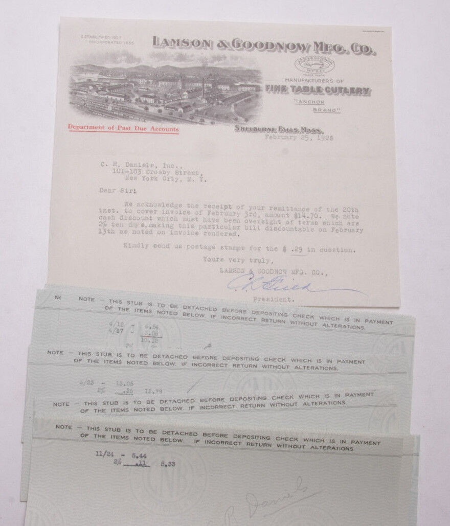 1928 Lamson Goodnow Check Stubs CR Daniels Inc NYC Signed Ephemera L291D
