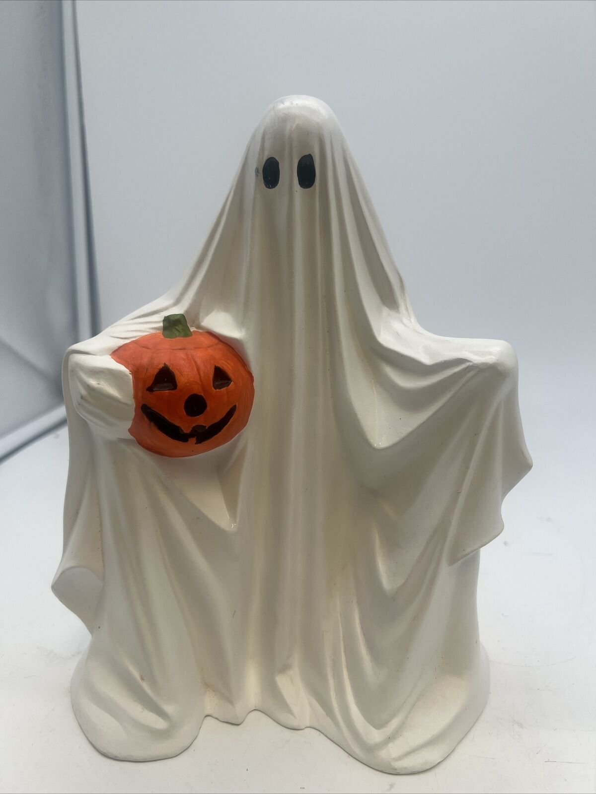 Vtg 1972 Halloween Ceramic GHOST w/JOL Pumpkin Figure Byron Mold  9.5” High