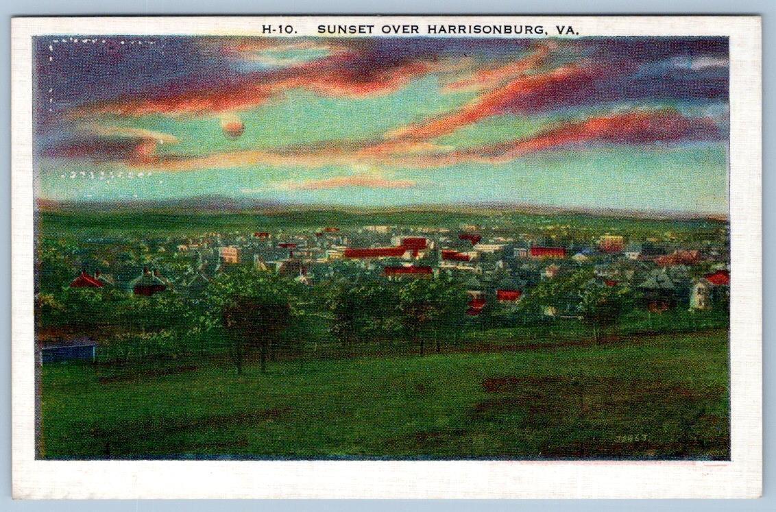 1920's SUNSET OVER HARRISONBURG VIRGINIA VA AERIAL VIEW ANTIQUE POSTCARD