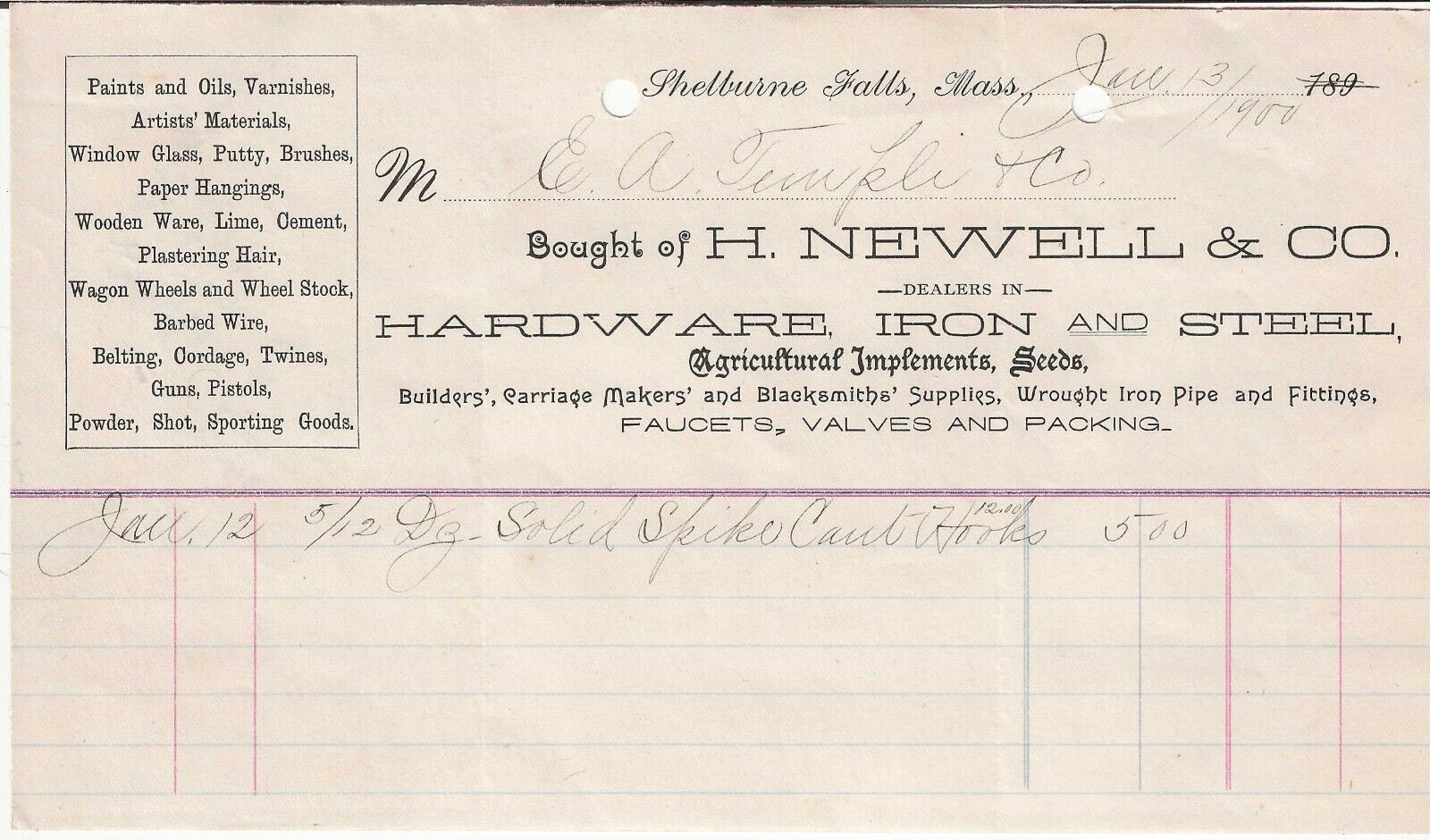 1900 & 1902 Shelburne Falls Massachusetts 2 Billheads Newell & Company Hardware