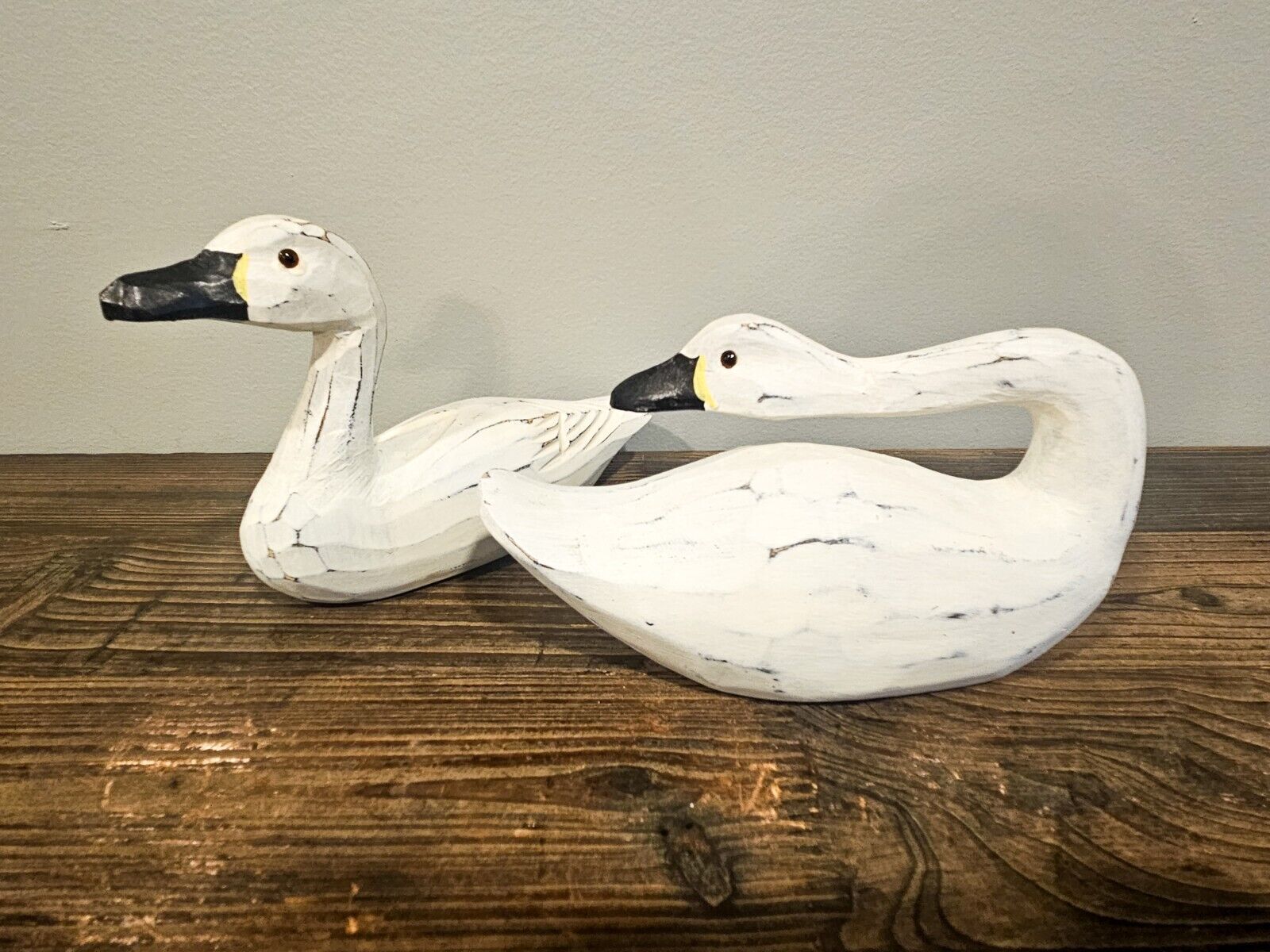 Vintage Hand Carved And Painted Wooden Swans Set Of 2