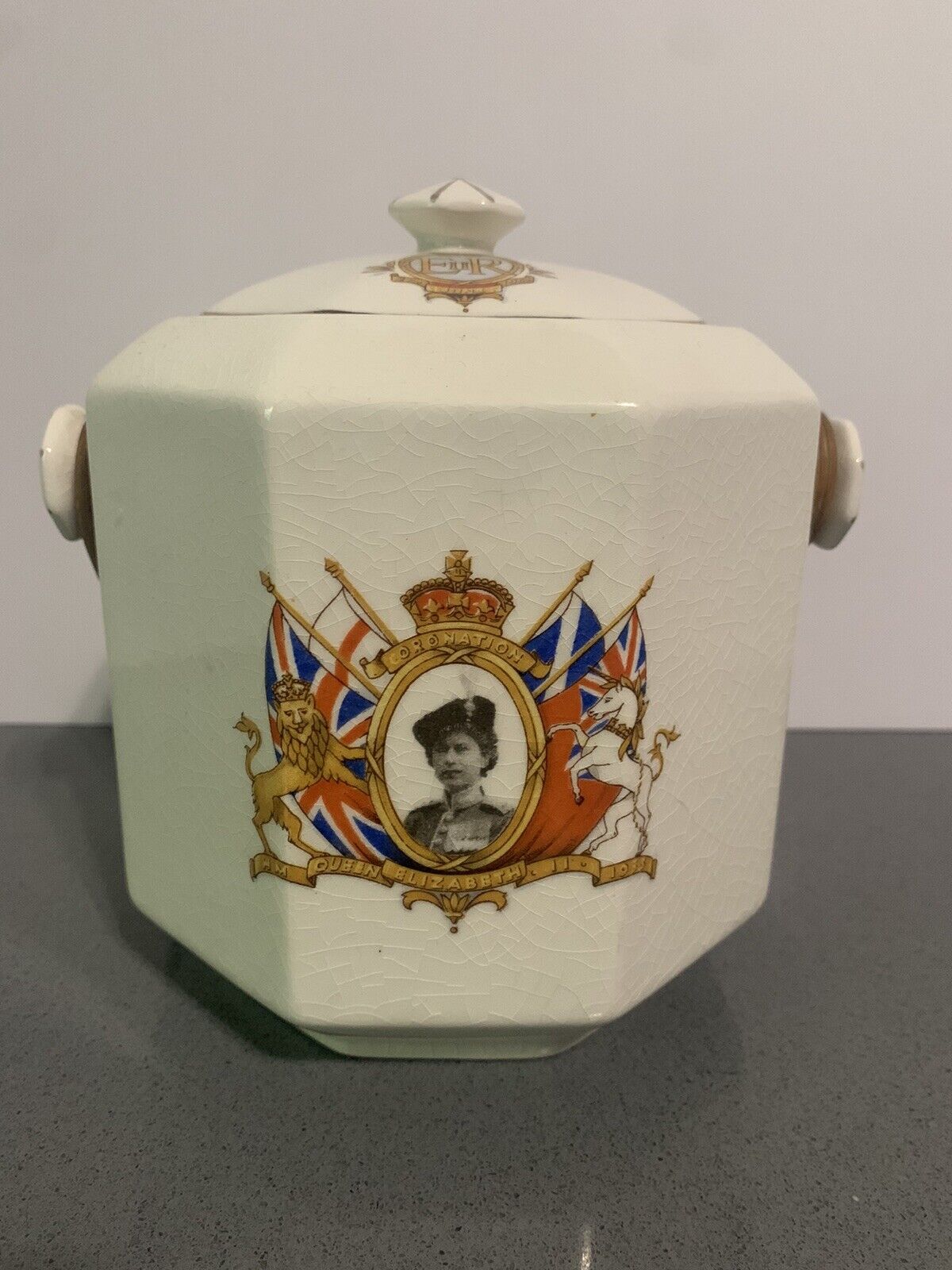 VTG BCM Souvenir Biscuit Jar Queen Elizabeth Coronation 1953 British Royals