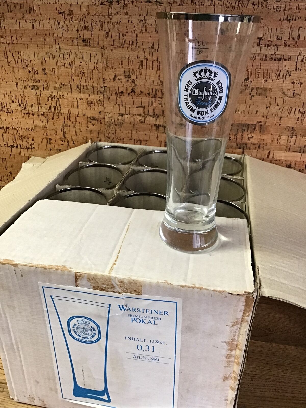 Case Of 12 ~  8 5/8” WARSTEINER Pokal German Beer Glasses 0.3 Liter ~ Silver Rim