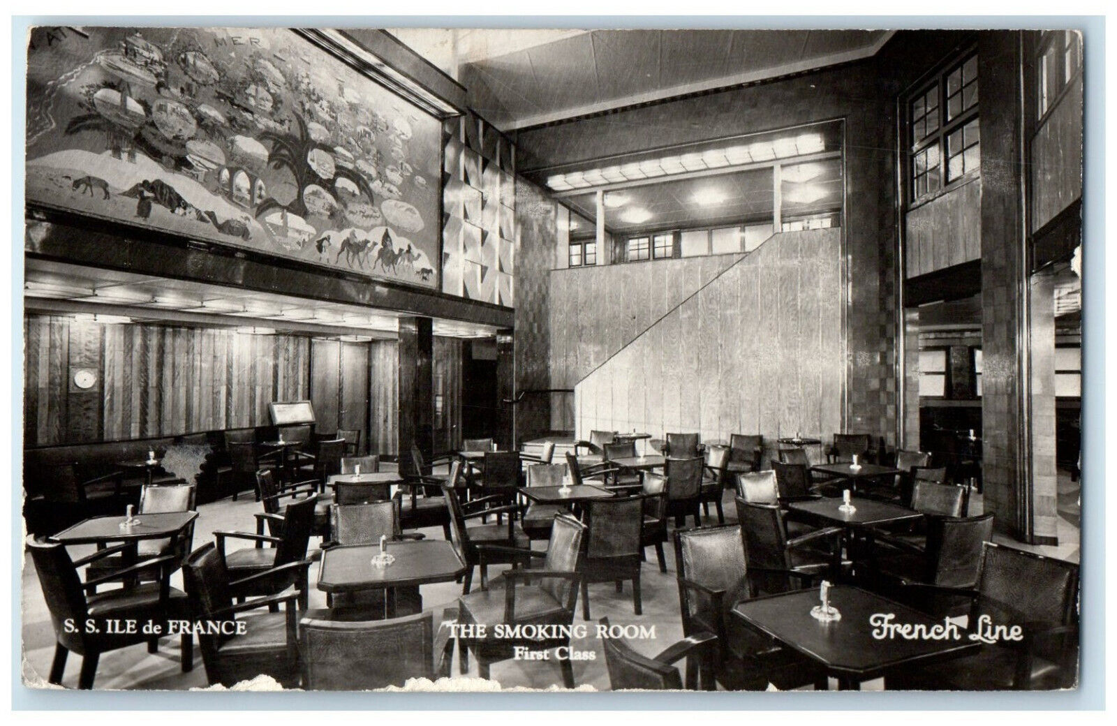 France RPPC Photo Postcard The Smoking Room First Class SS Ile De France 1933