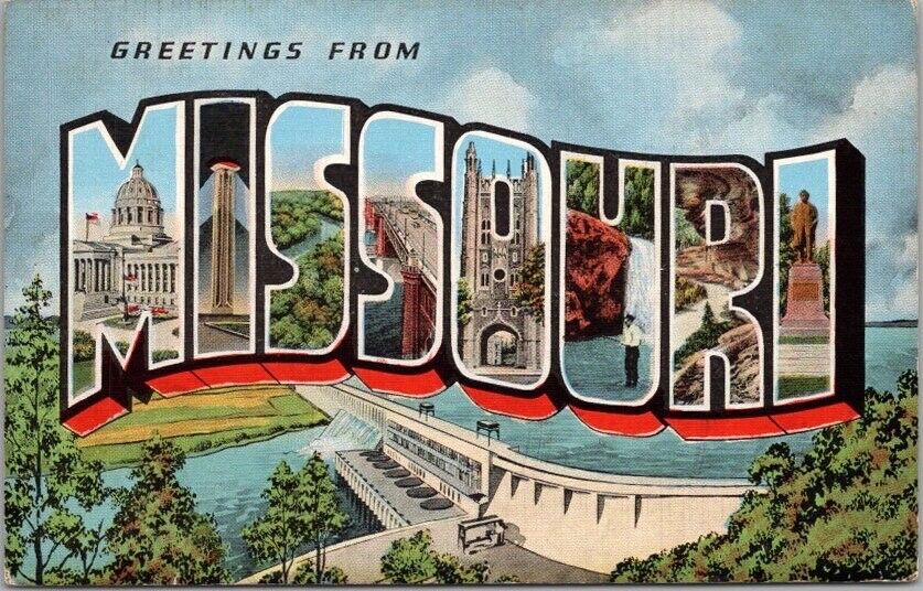 1949 MISSOURI Large Letter Linen Postcard BAGNELL DAM / Lake of the Ozarks View
