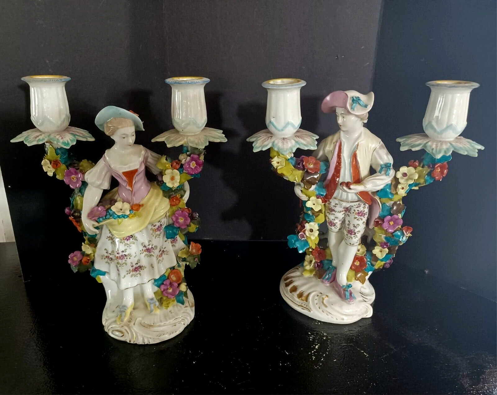 French Edme Samson Porcelain Figural Candlesticks, Pair, 9.75\