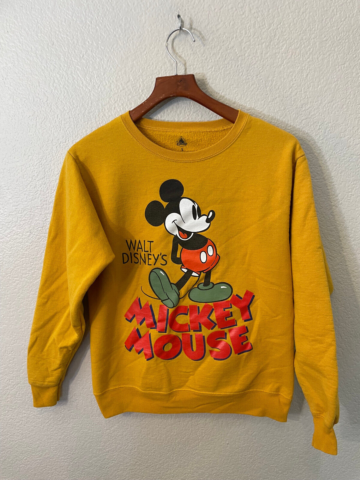 Mickey Mouse Sweatshirt Men's Small Gold Yellow Disney Crew Neck Lightweight