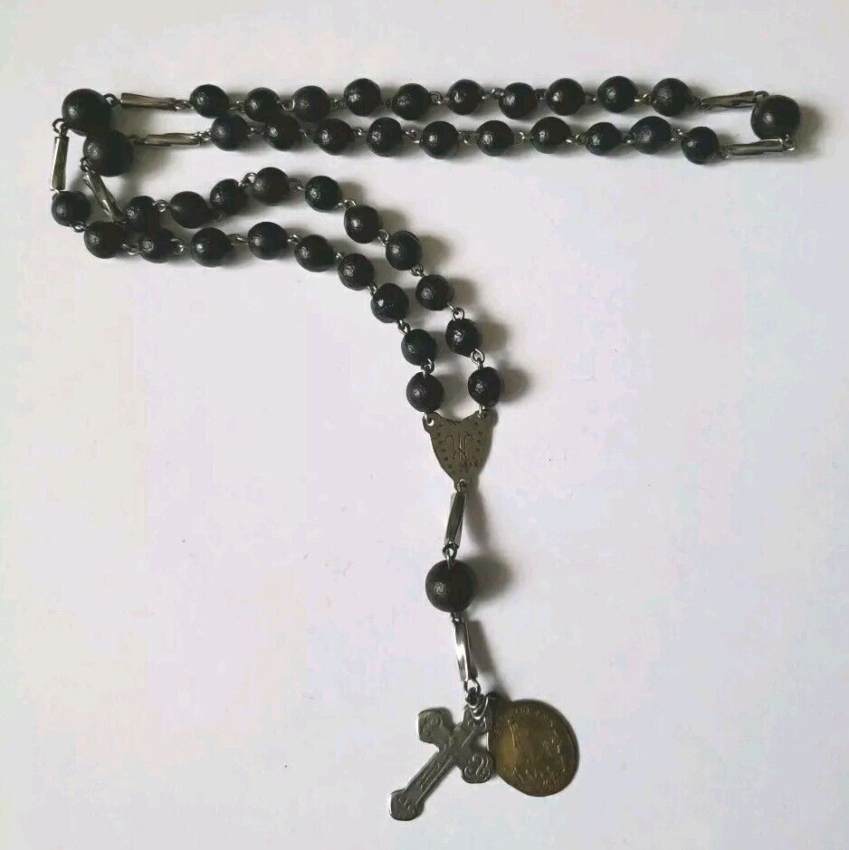Vtg Antique Rosary Chaplet Blk Seed Beads Brass Mary Miraculous Medal Crucifix 