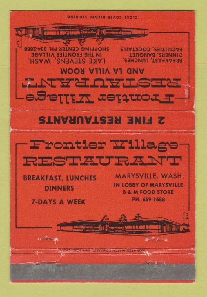 Matchbook Cover - Frontier Village Restaurant Lake Stevens WA WEAR 40 Strike