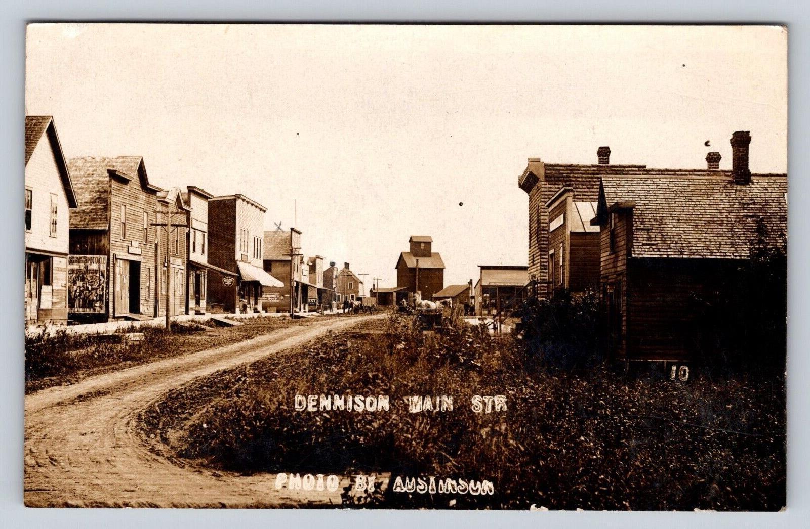 Dennison MN Main Street Bldg Advertising Old Dirt Road Photo Posted 1908 RPPC