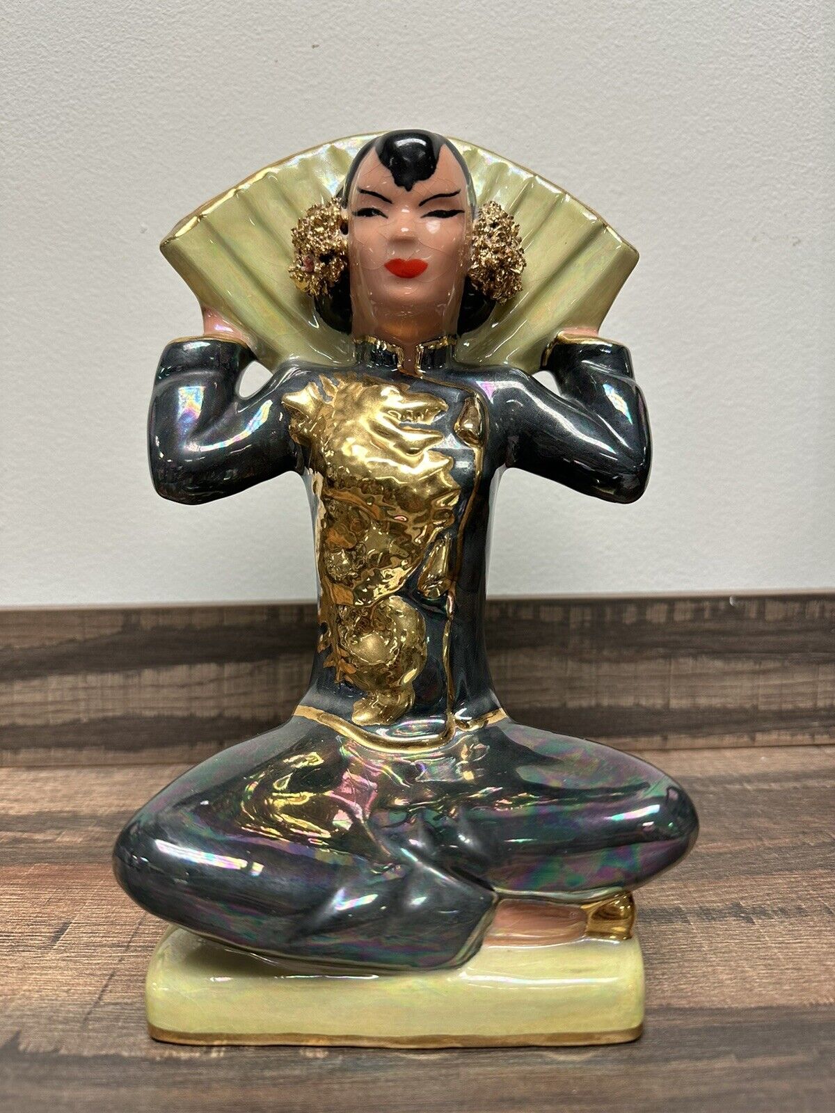 Vintage Asian Ceramic Woman Sitting with fan dragon shirt Vase MCM