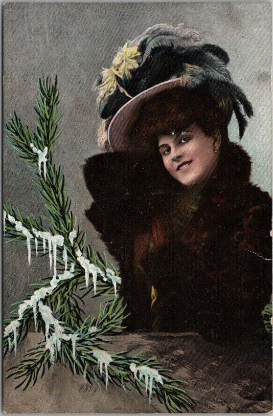 c1910s CHRISTMAS Holiday Greetings Postcard Pretty Lady / FUR COAT / Austria