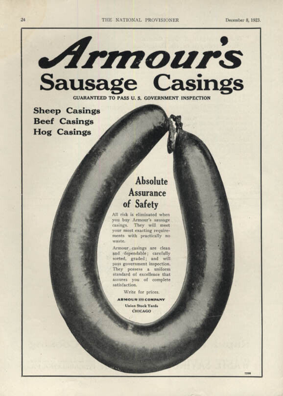 Armour\'s Sheep Beef Hog Sausage Casings Absolute Assurance of Safety ad 1923