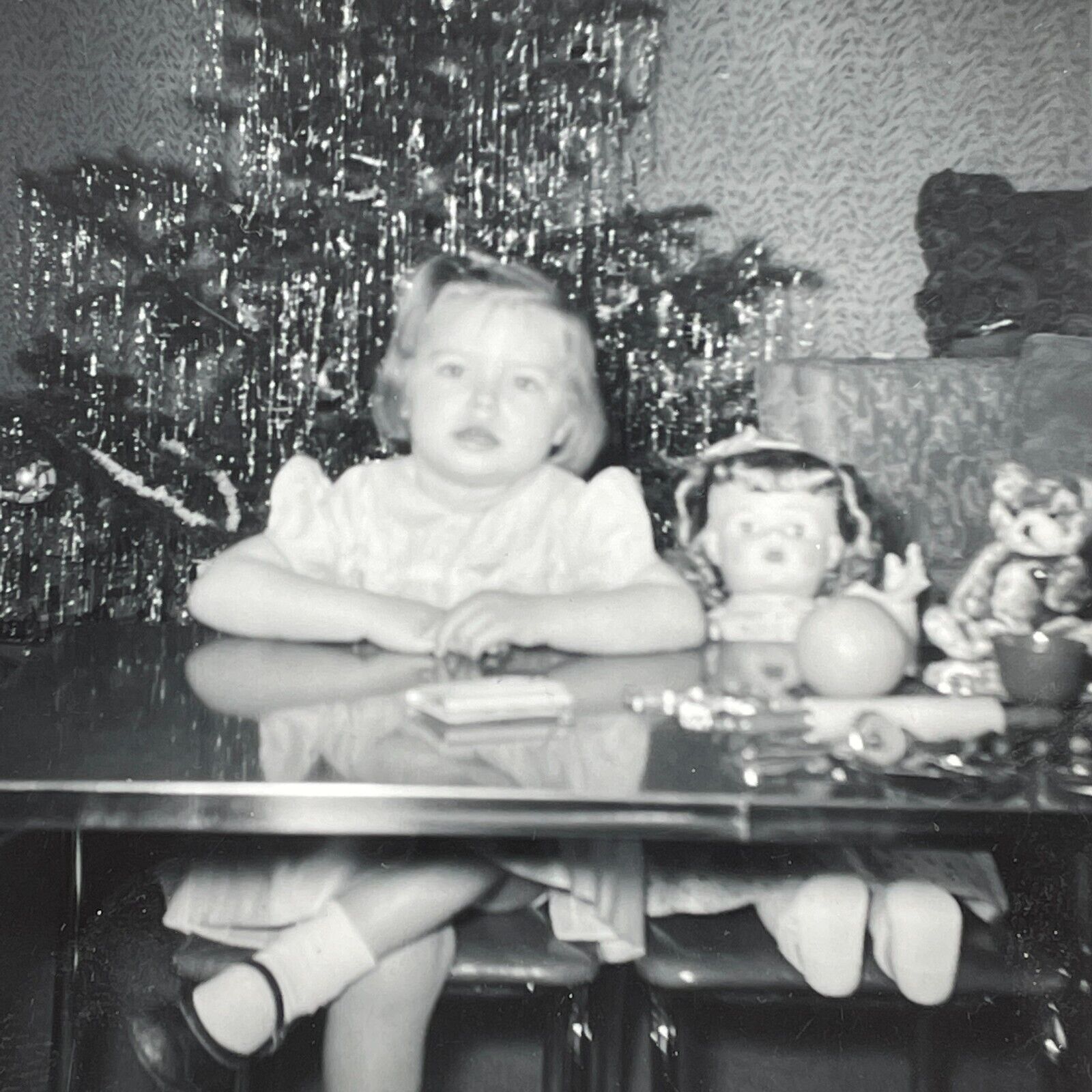 KF Photograph Girl Christmas Tree Doll Teddy Bear 1950's