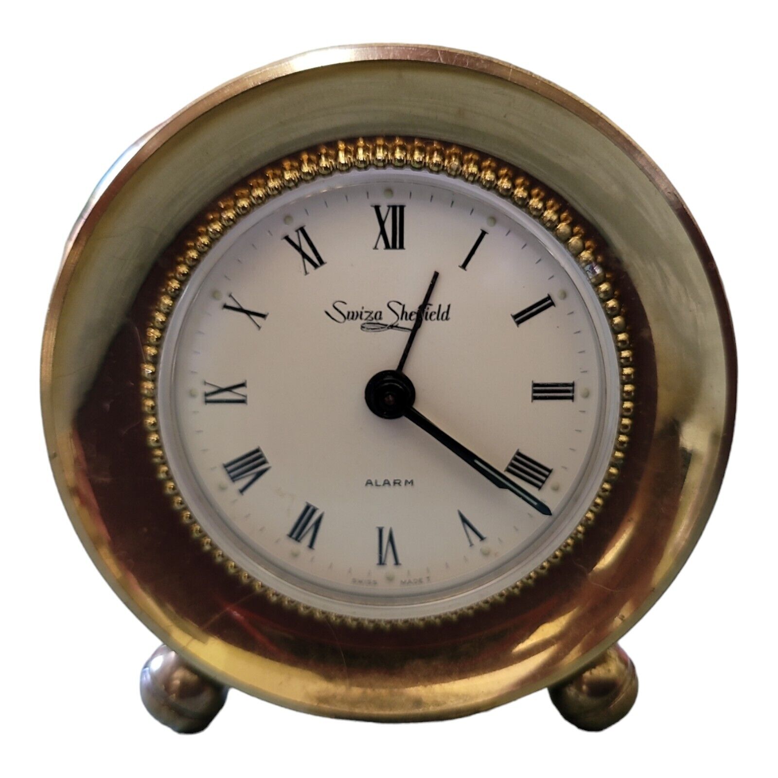 Vintage Swiza Sheffield Wind-Up Swiss Made Heavy Brass Alarm Clock Roman Numeral