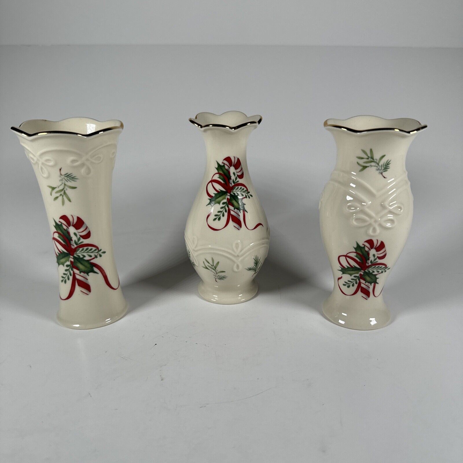 Lenox Christmas Holiday Candy Canes Mistletoe Ivory Gold Trim 5” Vase Lot Of 3