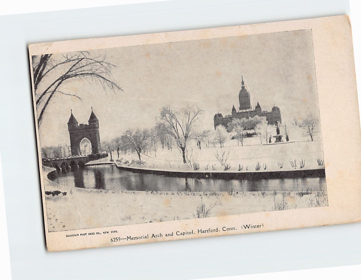 Postcard Memorial Arch and Capitol (Winter), Hartford, Connecticut